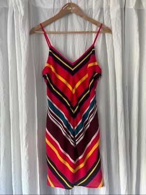 Bright Multi-Stripe V-Neck Slip Dress - Pink/Red